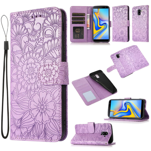 Samsung Galaxy J6 Skin Feel Embossed Sunflower Horizontal Flip Leather Case with Holder & Card Slots & Wallet & Lanyard(Purple)