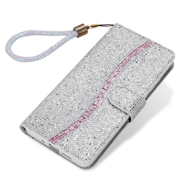 Samsung Galaxy A10 / M10 Glitter Powder Horizontal Flip Leather Case with Card Slots & Holder & Lanyard(Silver)