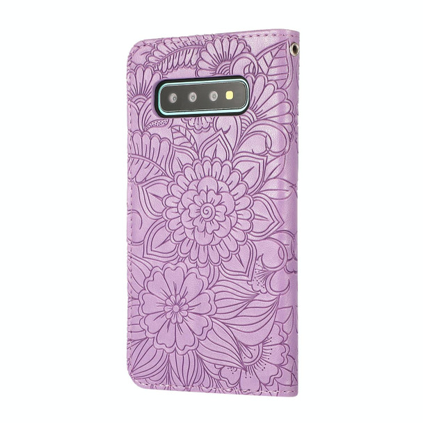 Samsung Galaxy S10 Skin Feel Embossed Sunflower Horizontal Flip Leather Case with Holder & Card Slots & Wallet & Lanyard(Purple)