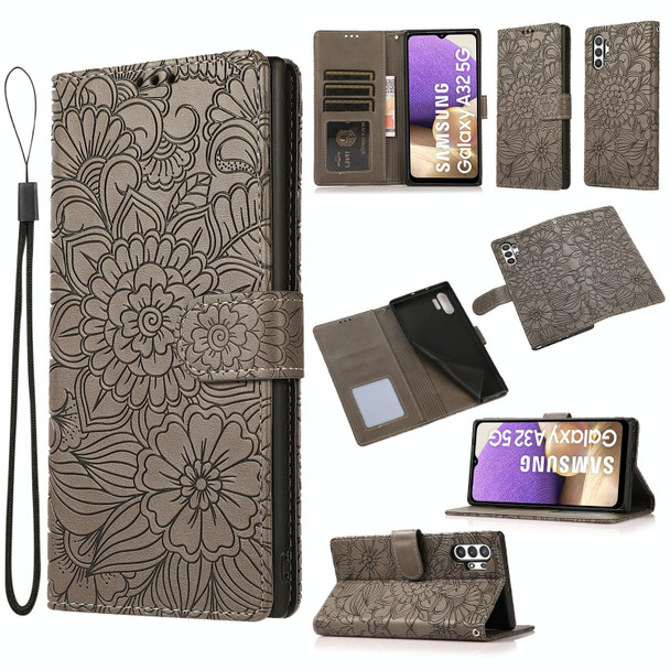 Samsung Galaxy A32 5G Skin Feel Embossed Sunflower Horizontal Flip Leather Case with Holder & Card Slots & Wallet & Lanyard(Gray)