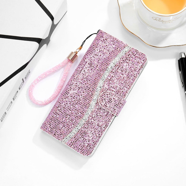 Samsung Galaxy A70 Glitter Powder Horizontal Flip Leather Case with Card Slots & Holder & Lanyard(Pink)