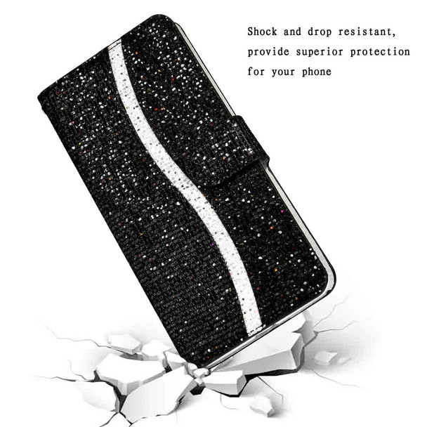 Samsung Galaxy A20 / A30 Glitter Powder Horizontal Flip Leather Case with Card Slots & Holder & Lanyard(Black)