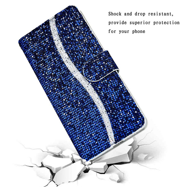 Samsung Galaxy A11 Glitter Powder Horizontal Flip Leather Case with Card Slots & Holder & Lanyard(Blue)