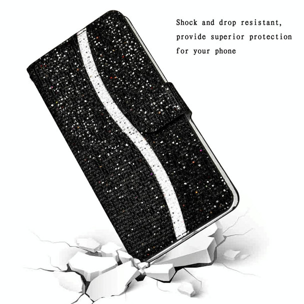 Samsung Galaxy A11 Glitter Powder Horizontal Flip Leather Case with Card Slots & Holder & Lanyard(Black)