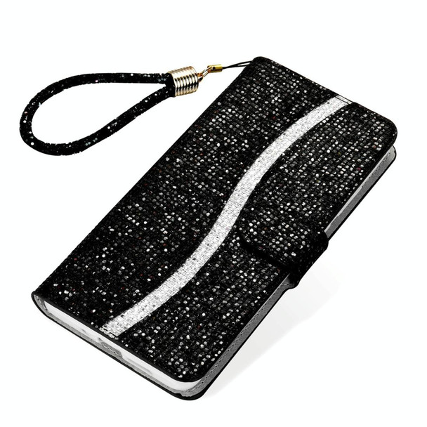 Samsung Galaxy A11 Glitter Powder Horizontal Flip Leather Case with Card Slots & Holder & Lanyard(Black)