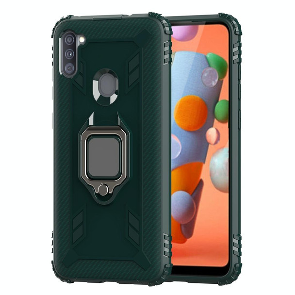 Samsung Galaxy A11 (US Version) Carbon Fiber Protective Case with 360 Degree Rotating Ring Holder(Green)