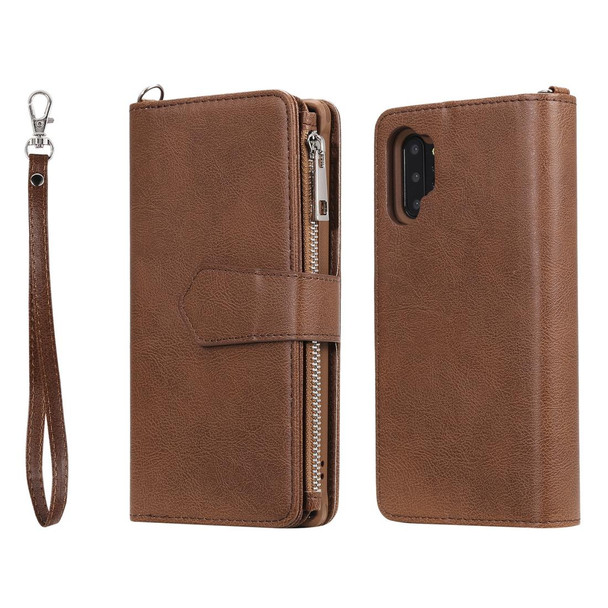 Galaxy Note 10 Pro 2 in 1 Solid Color Zipper Shockproof Protective Case with Card Slots & Bracket & Photo Holder & Wallet Function(Brown)