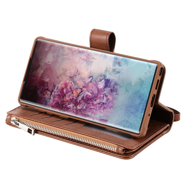 Galaxy Note 10 Pro 2 in 1 Solid Color Zipper Shockproof Protective Case with Card Slots & Bracket & Photo Holder & Wallet Function(Brown)