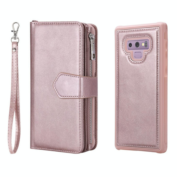 Galaxy Note9 2 in 1 Solid Color Zipper Shockproof Protective Case with Card Slots & Bracket & Photo Holder & Wallet Function(Rose Gold)