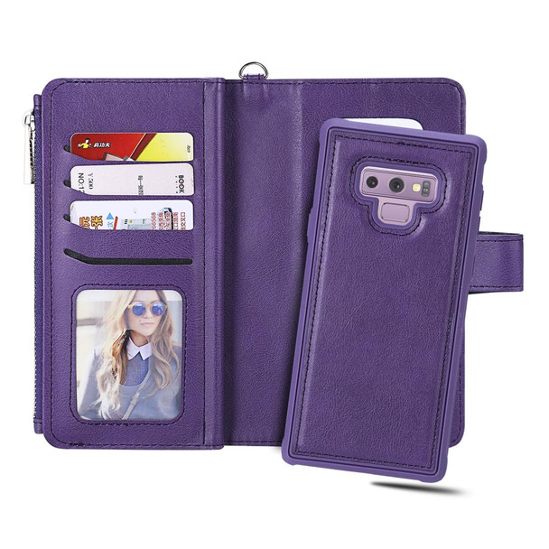 Galaxy Note9 2 in 1 Solid Color Zipper Shockproof Protective Case with Card Slots & Bracket & Photo Holder & Wallet Function(Purple)