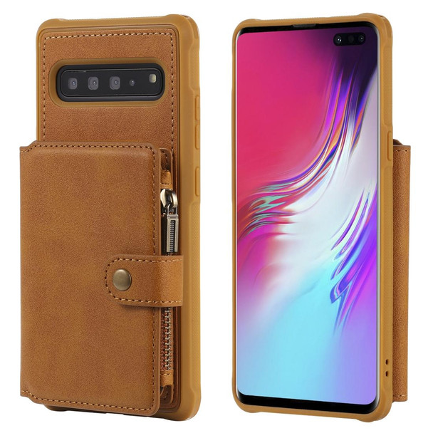 Galaxy S10 5G Zipper Shockproof Protective Case with Card Slots & Bracket & Photo Holder & Wallet Function(Brown)