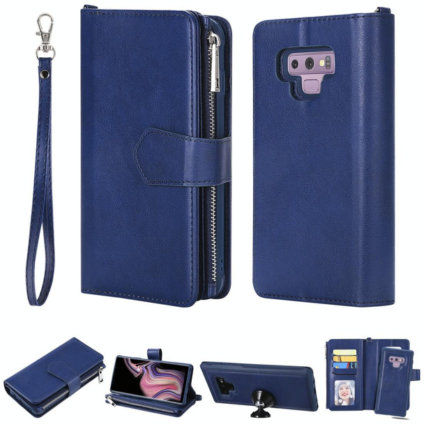 Galaxy Note9 2 in 1 Solid Color Zipper Shockproof Protective Case with Card Slots & Bracket & Photo Holder & Wallet Function(Blue)