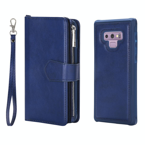 Galaxy Note9 2 in 1 Solid Color Zipper Shockproof Protective Case with Card Slots & Bracket & Photo Holder & Wallet Function(Blue)