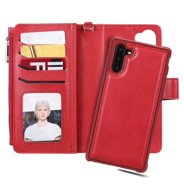 Galaxy Note 10 2 in 1 Solid Color Zipper Shockproof Protective Case with Card Slots & Bracket & Photo Holder & Wallet Function(Red)