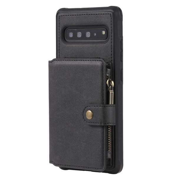 Galaxy S10 5G Zipper Shockproof Protective Case with Card Slots & Bracket & Photo Holder & Wallet Function(Black)