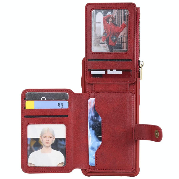 Galaxy S10 Zipper Shockproof Protective Case with Card Slots & Bracket & Photo Holder & Wallet Function(Red)