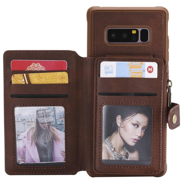 Galaxy Note 8 Zipper Shockproof Protective Case with Card Slots & Bracket & Photo Holder & Wallet Function(Coffee)