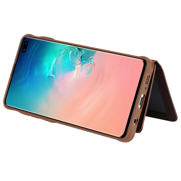 Galaxy S10 Plus Zipper Shockproof Protective Case with Card Slots & Bracket & Photo Holder & Wallet Function(Coffee)