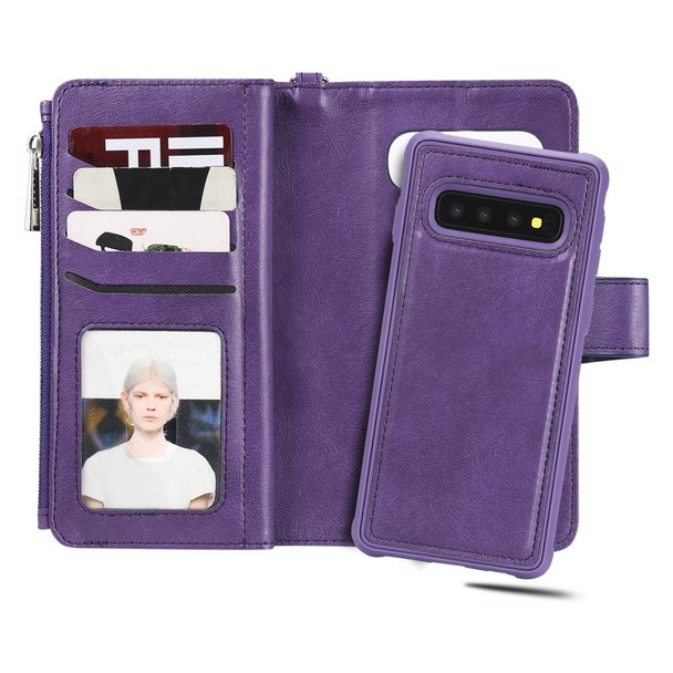 Galaxy S10 2 in 1 Solid Color Zipper Shockproof Protective Case with Card Slots & Bracket & Photo Holder & Wallet Function(Purple)