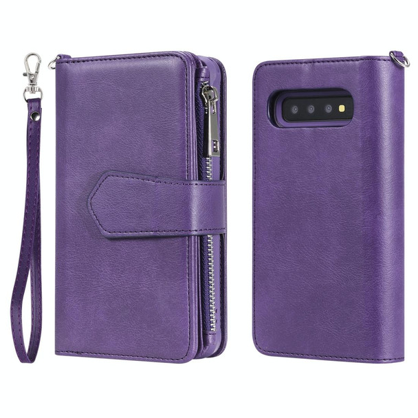 Galaxy S10 2 in 1 Solid Color Zipper Shockproof Protective Case with Card Slots & Bracket & Photo Holder & Wallet Function(Purple)