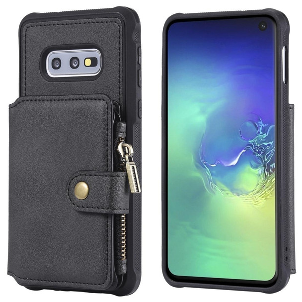 Galaxy S10e Zipper Shockproof Protective Case with Card Slots & Bracket & Photo Holder & Wallet Function(Black)