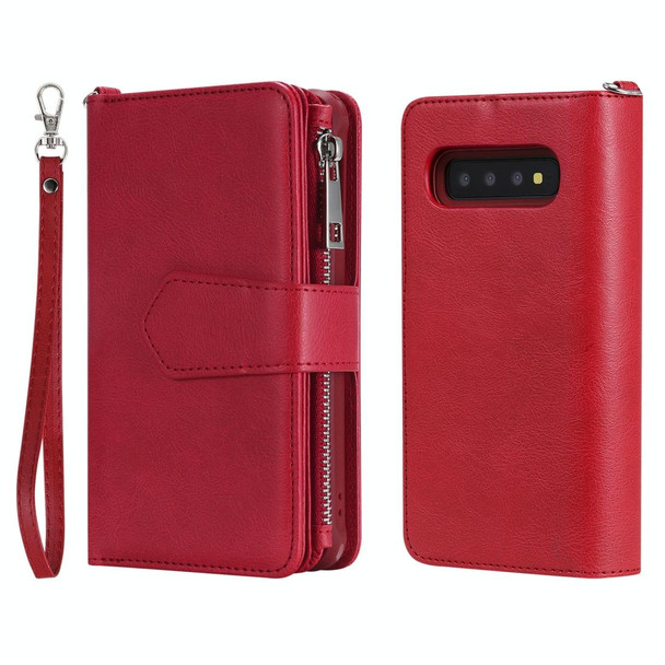 Galaxy S10 2 in 1 Solid Color Zipper Shockproof Protective Case with Card Slots & Bracket & Photo Holder & Wallet Function(Red)