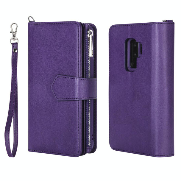 Galaxy S9 Plus 2 in 1 Solid Color Zipper Shockproof Protective Case with Card Slots & Bracket & Photo Holder & Wallet Function(Purple)