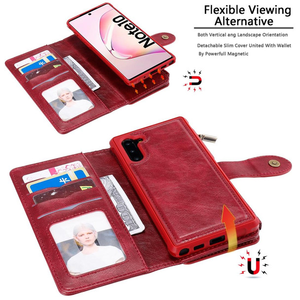 Galaxy Note 10 Multifunctional Retro Detachable Magnetic Horizontal Flip Leather Case with Card Slots & Holder & Wallet & Photo Frame(Red)