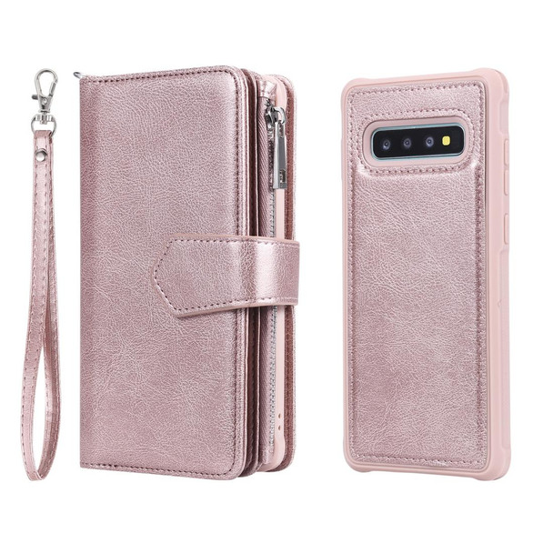 Galaxy S10 Plus 2 in 1 Solid Color Zipper Shockproof Protective Case with Card Slots & Bracket & Photo Holder & Wallet Function(Rose Gold)