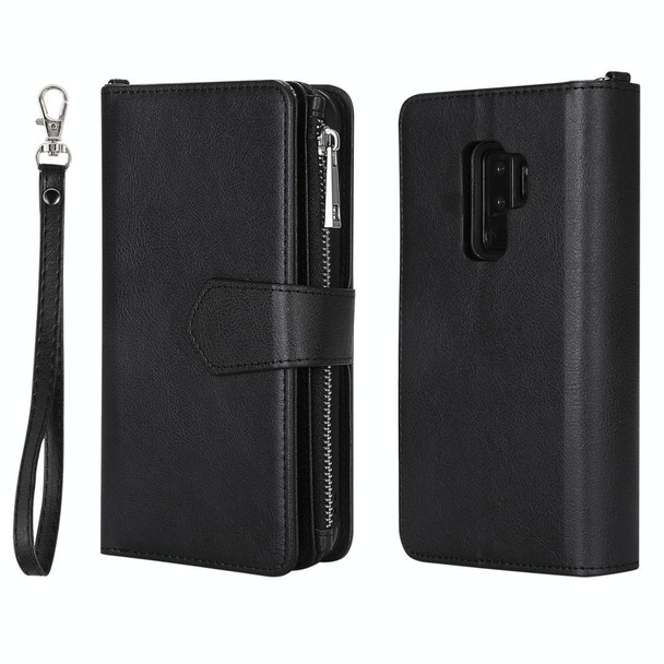 Galaxy S9 Plus 2 in 1 Solid Color Zipper Shockproof Protective Case with Card Slots & Bracket & Photo Holder & Wallet Function(Black)