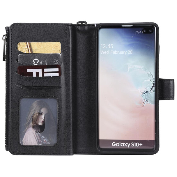 Galaxy S10 Plus 2 in 1 Solid Color Zipper Shockproof Protective Case with Card Slots & Bracket & Photo Holder & Wallet Function(Black)