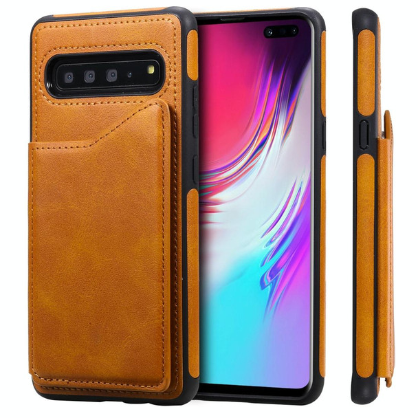 Galaxy S10 5G Shockproof Calf Texture Protective Case with Holder & Card Slots & Frame(Brown)