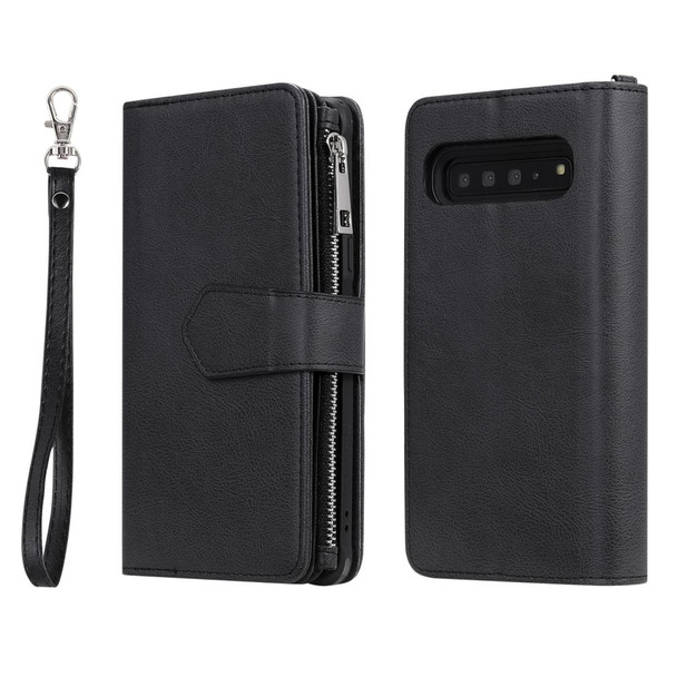 Galaxy S10 5G 2 in 1 Solid Color Zipper Shockproof Protective Case with Card Slots & Bracket & Photo Holder & Wallet Function(Black)