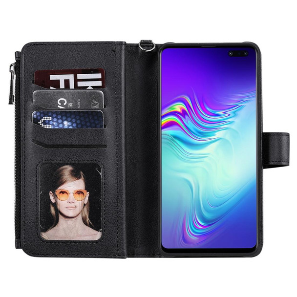 Galaxy S10 5G 2 in 1 Solid Color Zipper Shockproof Protective Case with Card Slots & Bracket & Photo Holder & Wallet Function(Black)