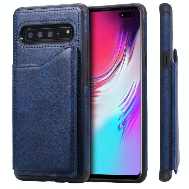 Galaxy S10 5G Shockproof Calf Texture Protective Case with Holder & Card Slots & Frame(Blue)