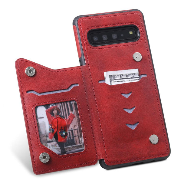 Galaxy S10 5G Shockproof Calf Texture Protective Case with Holder & Card Slots & Frame(Red)