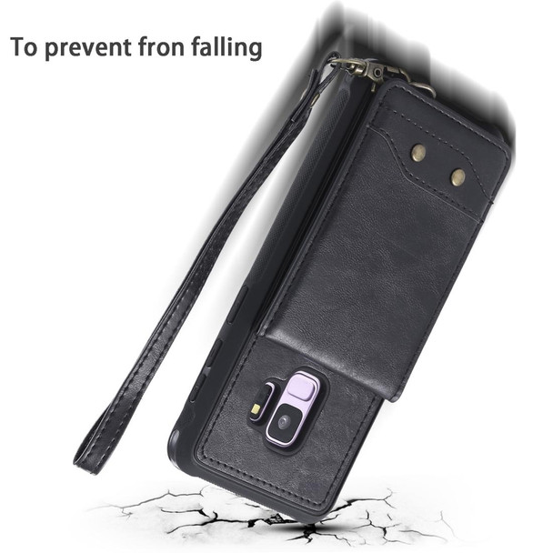 Galaxy S9 Vertical Flip Shockproof Leather Protective Case with Long Rope, Support Card Slots & Bracket & Photo Holder & Wallet Function(Black)