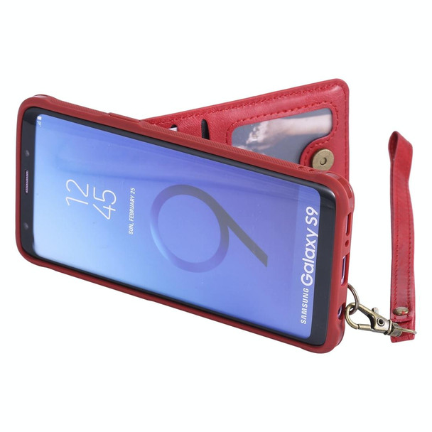 Galaxy S9 Vertical Flip Shockproof Leather Protective Case with Short Rope, Support Card Slots & Bracket & Photo Holder & Wallet Function(Red)