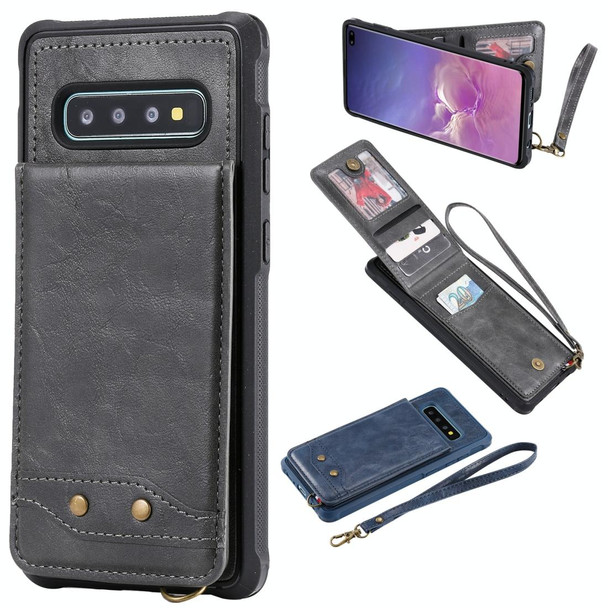 Galaxy S10+ Vertical Flip Shockproof Leather Protective Case with Short Rope, Support Card Slots & Bracket & Photo Holder & Wallet Function(Gray)