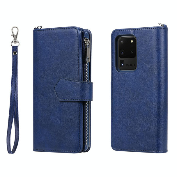 Galaxy S20 Ultra 2 in 1 Solid Color Zipper Shockproof Protective Case with Card Slots & Bracket & Photo Holder & Wallet Function(Blue)