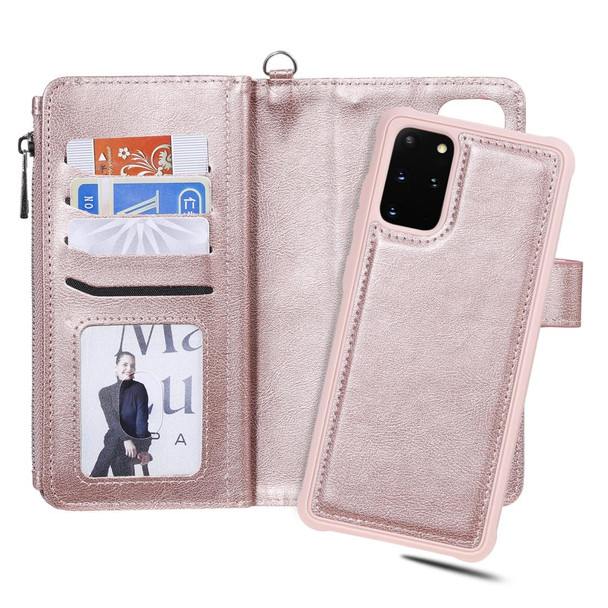 Galaxy S20+ 2 in 1 Solid Color Zipper Shockproof Protective Case with Card Slots & Bracket & Photo Holder & Wallet Function(Rose Gold)