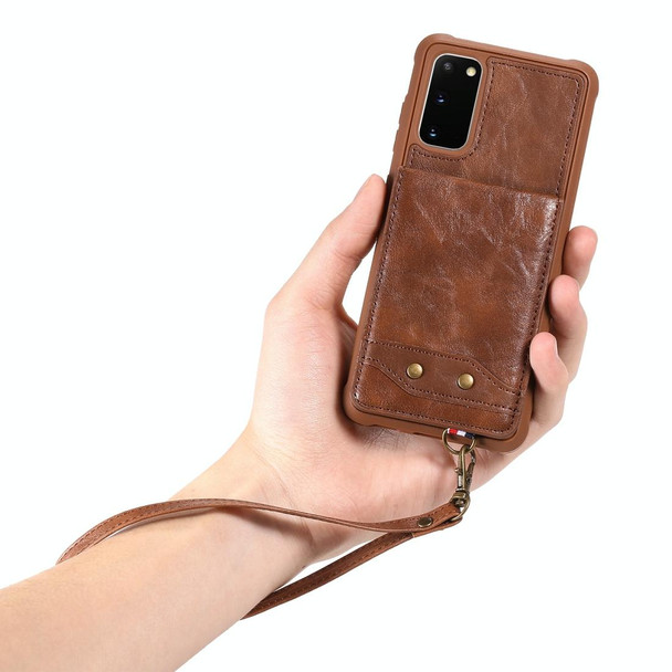 Galaxy S20 Vertical Flip Shockproof Leather Protective Case with Short Rope, Support Card Slots & Bracket & Photo Holder & Wallet Function(Brown)