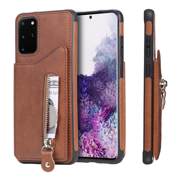 Galaxy S20 Plus Solid Color Double Buckle Zipper Shockproof Protective Case(Brown)