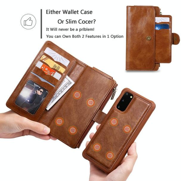 Galaxy S20 Multifunctional Retro Detachable Magnetic Horizontal Flip Leather Case with Card Slots & Holder & Wallet & Photo Frame(Brown)