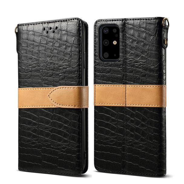 Galaxy S20 Plus Splicing Color Crocodile Texture PU Horizontal Flip Leather Case with Wallet & Holder & Card Slots & Lanyard(Black)