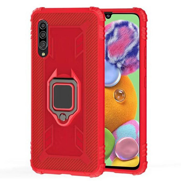 Galaxy A30s Carbon Fiber Protective Case with 360 Degree Rotating Ring Holder(Red)