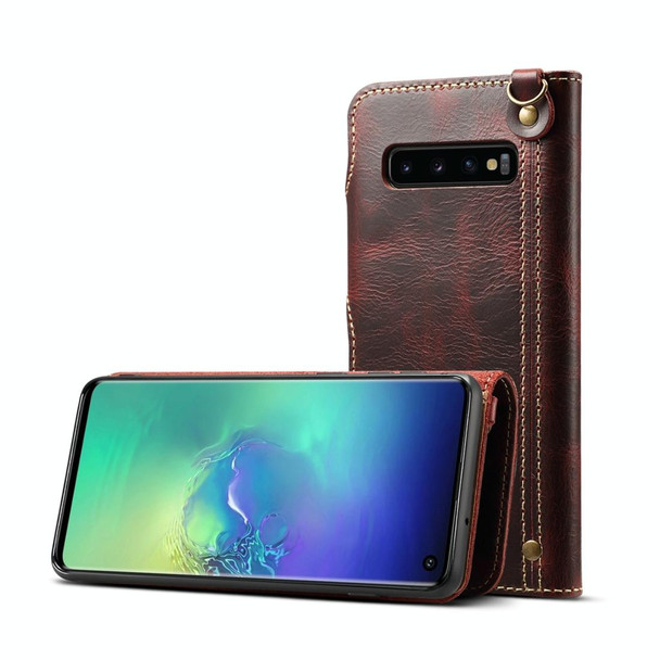 Galaxy S10 Denior Oil Wax Cowhide Magnetic Button Horizontal Flip Leather Case with Card Slots & Wallet(Dark Red)