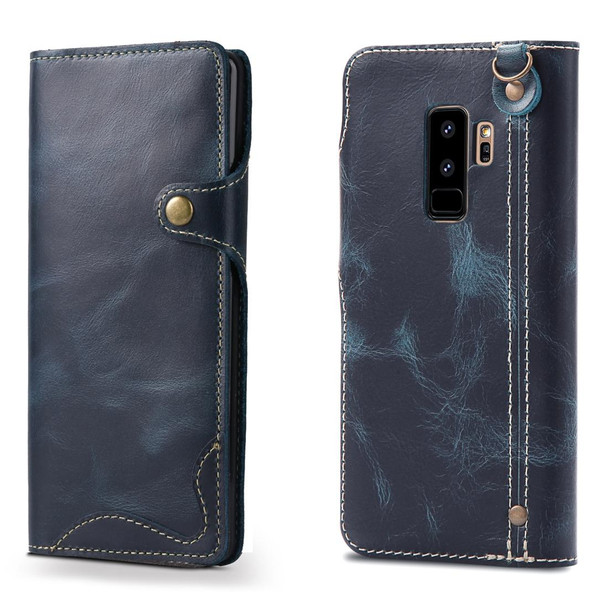 Galaxy S9 Plus Denior Oil Wax Cowhide Magnetic Button Horizontal Flip Leather Case with Card Slots & Wallet(Dark Blue)