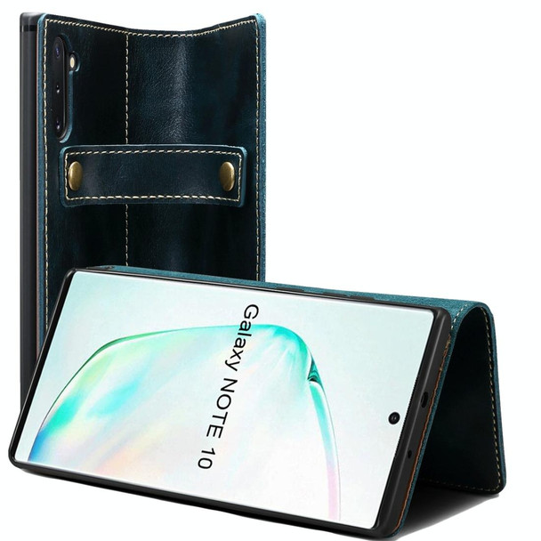 Galaxy Note 10 Denior Oil Wax Cowhide DK Magnetic Button Horizontal Flip Leather Case with Holder & Card Slots & Wallet(Dark Blue)