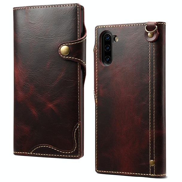 Galaxy Note 10 Denior Oil Wax Cowhide Magnetic Button Horizontal Flip Leather Case with Card Slots & Wallet(Dark Red)